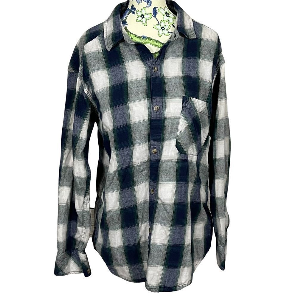 TNA Blue/White/Green Plaid Flannel Button Up Shirt Size Small
